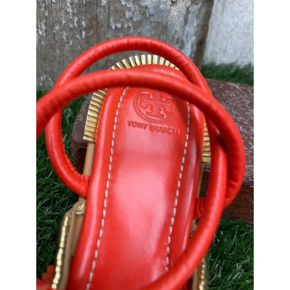 Tory Burch Sinclair Seashell Ankle-Wrap Sandal Coral Orange Red Women's 9.5M